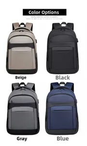 Detailed view of large business laptop backpack available in beige black grey and blue