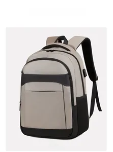 Detail of laptop backpack with USB charging port and cowhide leather texture