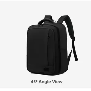 45-degree side view of the black waterproof laptop backpack with layered zipper design