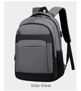 Side view showing layered laptop bag compartments and integrated USB charging port