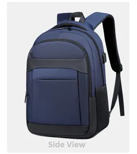 Side view of blue business laptop backpack showing USB charging port and mesh side pocket