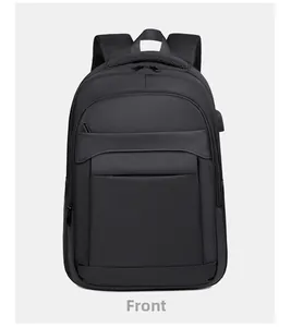Front view of black business laptop backpack featuring multiple zippers and USB charging port