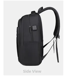 Side view of business laptop backpack showing USB port and breathable mesh back padding