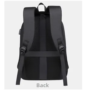 Detail of breathable mesh back panel with luggage strap and USB port on black laptop backpack