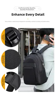 Detail of laptop backpack showing USB charging port and breathable honeycomb mesh back
