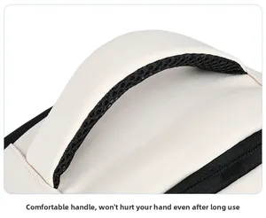 Detail of ergonomic padded handle on large capacity backpack with breathable mesh padding