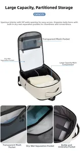 Detail view of large capacity backpack with 90 degree opening and wet dry separation pocket