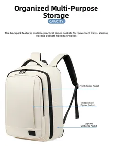 Detail view of large capacity backpack showing front zipper and side hidden pocket