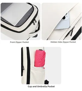 Detail view of large capacity backpack featuring front zipper pocket and side umbrella slot