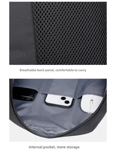 Detailed view of breathable mesh back panel and internal pockets for tech accessories