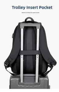 Business laptop backpack featuring a functional trolley sleeve for suitcase attachment
