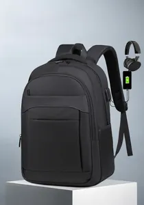 Detailed view of black business laptop backpack with external USB charging port