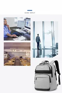 Vista detallada de mochila de tela oxford gris con puerto USB y múltiples capas