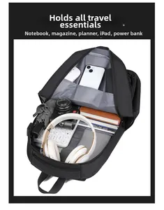 Internal compartments of large capacity laptop backpack showing multiple storage slots