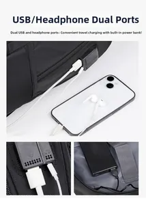Detail of laptop backpack with integrated dual USB and headphone port for easy charging