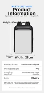 Detailed size specifications for a 40x28x12cm waterproof business backpack in black