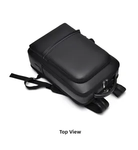 Top view of black business backpack with pebble leather texture and USB charging port