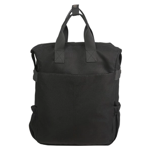 Grand sac à dos en toile noire avec poignées supérieures et poche frontale sur fond blanc