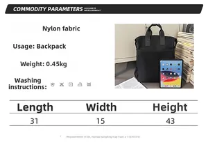 Guide des tailles détaillé pour sac à dos en nylon noir avec dimensions 31x15x43cm