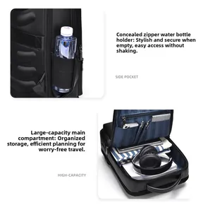 Detail of laptop backpack showing interior compartments and hidden side water bottle pocket