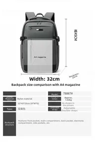 Détail des dimensions du sac à dos en nylon gris avec capacité pour revues A4