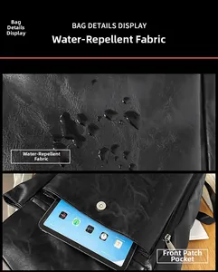 Gros plan sur la texture du cuir imperméable et la poche avant pratique pour tablette