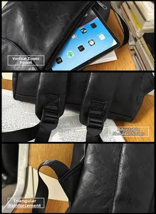 Détail du sac à dos montrant la fermeture latérale, les sangles et les coutures renforcées