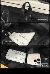 Détails de la poignée durable, poche zippée et compartiment interne du sac en cuir noir