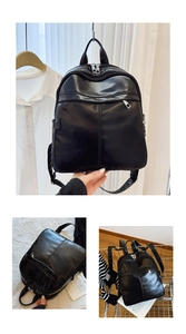 Detailed views of a black glossy soft leather backpack showing straps and zipper pockets