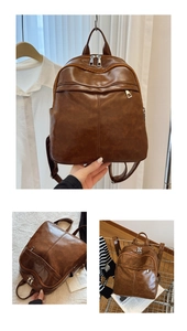 Detailed views of dark brown leather backpack with dual zippers and adjustable straps