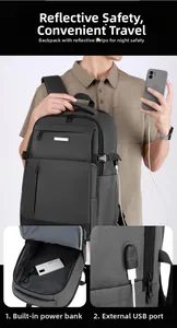 Détail du sac à dos gris avec port de charge USB et bande réfléchissante de sécurité