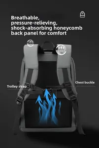 Sac à dos gris pour ordinateur avec panneau dorsal respirant et sangle de fixation valise