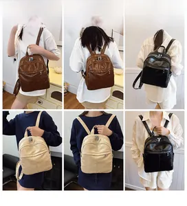 Detailed views of soft PU leather backpack in brown, black, and beige color options