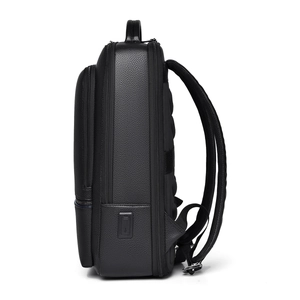 Waterproof black leather business backpack with USB charging port and ergonomic straps