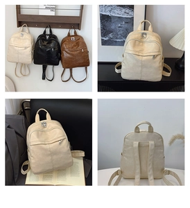 Three-color minimalist soft PU leather backpack set with multiple zippered pockets