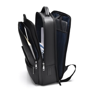 Waterproof black leather business laptop backpack with USB port and multiple compartments
