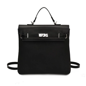 Classic black matte leather backpack for women featuring a vintage buckle trapezoid design