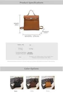 Detailed size and material chart for the vintage large capacity PU leather backpack