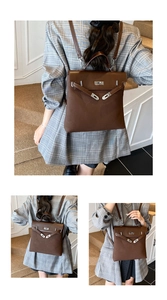 Macro detail of dark brown leather vintage backpack with silver metal clasp and straps