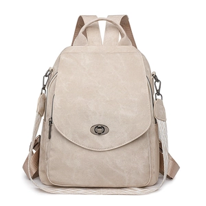 Women Fashion PU Leather Backpack Large Capacity Travel Bag Vintage Flap Turn-Lock With Geometric Woven Strap