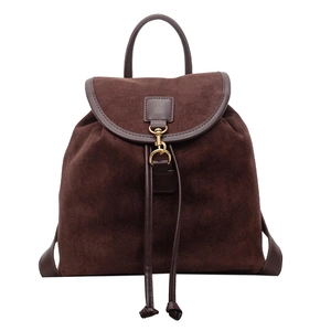 Retro large capacity dark brown suede backpack with leather straps and gold metal hook