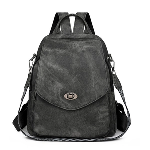 Large capacity grey canvas travel backpack with retro metal clasp and woven shoulder strap