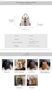 Detailed size specifications and six color variants of the faux suede backpack for women