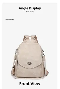 Front view of beige large travel backpack with metal swivel clasp and side zip pockets