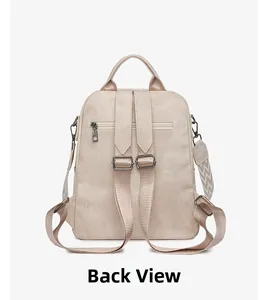 Detailed back view of cream faux leather backpack featuring anti-theft zipper and woven straps