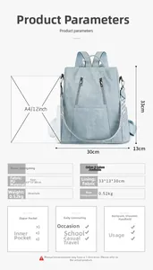 Detailed infographic showing 33x30x13cm dimensions of this light blue leather backpack