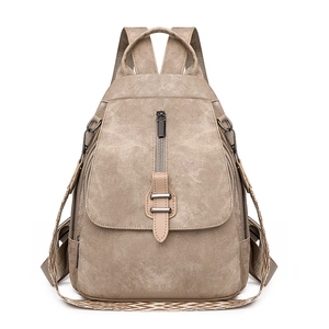 Retro khaki PU leather backpack with geometric pattern straps and metal zipper detail