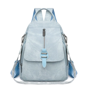 Light blue faux leather backpack with denim texture and adjustable shoulder straps