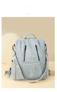 Detail of blue grey printed backpack featuring wide geometric ethnic shoulder strap