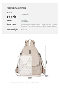 Detailed view of cream PU leather backpack showing size 31x25x9cm and 0.55kg weight